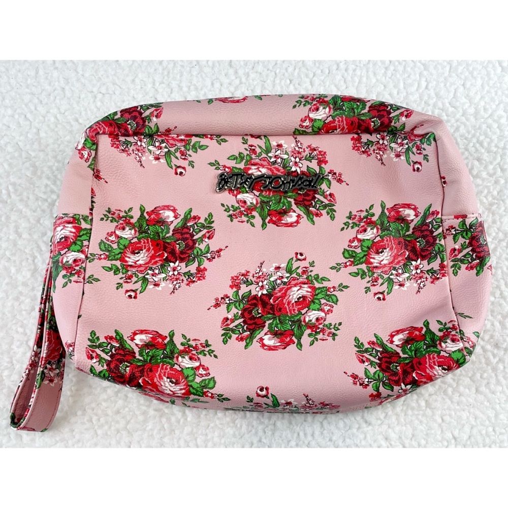 (NWOT) BETSEY JOHNSON • Pink/Multi Floral Print Faux Leather XL Cosmetic Bag